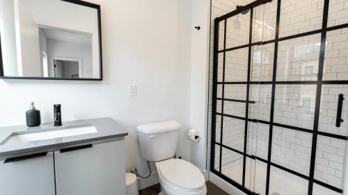 a bathroom with a toilet and a sink and a mirror at The Loft @ Columbus Center in Columbus