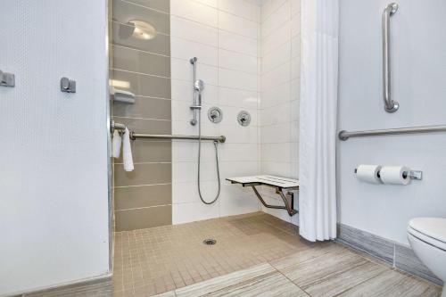 La salle de bains est pourvue d'une douche et de toilettes. dans l'établissement Hampton Inn Lumberton, NC, à Lumberton