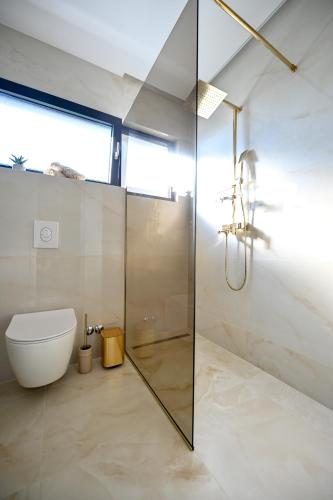 a bathroom with a glass shower and a toilet at Villa Rosemary West in Makarska