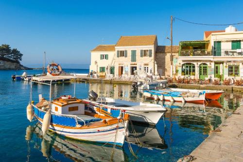 a group of boats are docked in a harbor at Flora Maisonettes 1 in Gaios