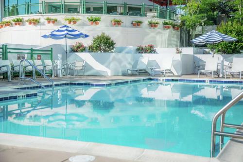 uma grande piscina com cadeiras e guarda-sóis em Embassy Suites by Hilton Lexington Green em Lexington