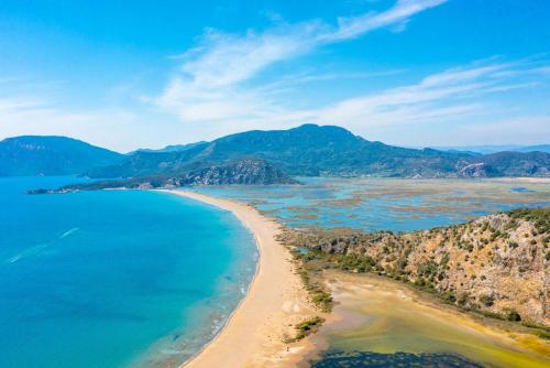 an aerial view of a beach with mountains in the background at Villa Ayla Paradise in Dalyan