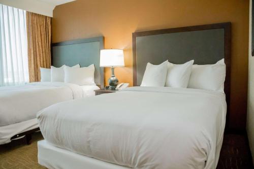 a hotel room with two beds and a lamp at Embassy Suites by Hilton Lexington Green in Lexington