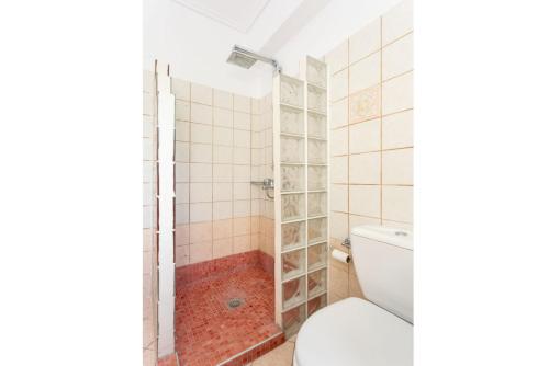 ein Bad mit einer Dusche und einem WC in der Unterkunft Villa Europe Ena in Lakíthra