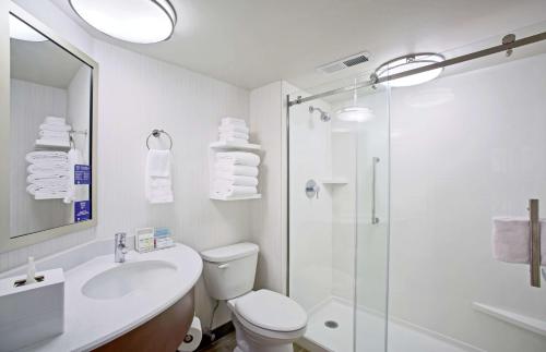 Hampton Inn Lancaster في لانكستر: حمام مع حوض ومرحاض ودش