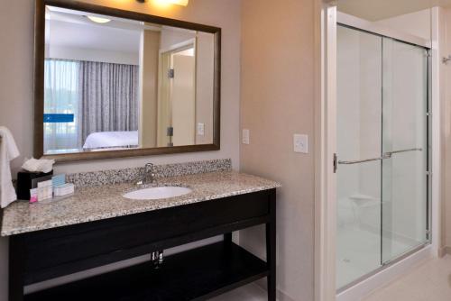 a bathroom with a sink and a shower with a mirror at Hampton Inn & Suites Orlando/Downtown South - Medical Center in Orlando