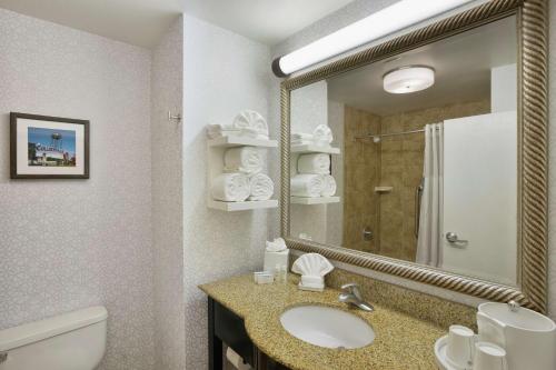 a bathroom with a sink and a toilet and a mirror at Hampton Inn Memphis/Collierville in Collierville