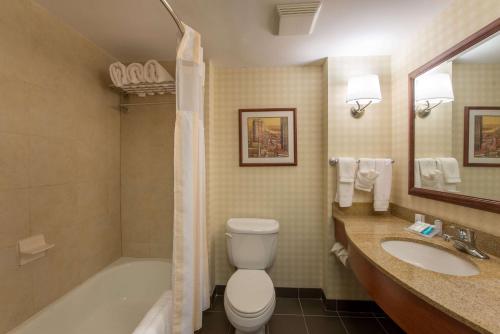 a bathroom with a toilet and a tub and a sink at Hilton Garden Inn Manchester Downtown in Manchester