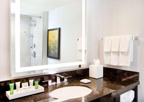 a bathroom with a sink and a large mirror at Hilton Miami Downtown in Miami