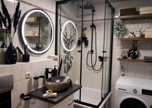 a bathroom with a shower and a sink and a washing machine at Terrassenwohnung Bibi am Chiemsee in Grabenstätt