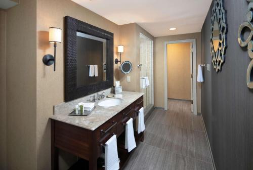 a bathroom with a sink and a large mirror at Hilton Milwaukee City Center in Milwaukee