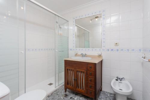 a bathroom with a sink and a shower and a toilet at Villa Casa Leo in Frigiliana