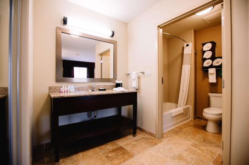 a bathroom with a sink and a toilet and a mirror at Hampton Inn & Suites Minot in Minot