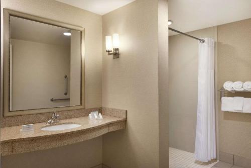 a bathroom with a sink and a mirror and a shower at Hilton Garden Inn Minneapolis Downtown in Minneapolis