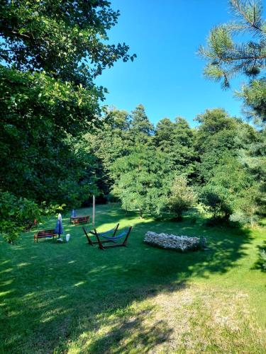 a person standing in a park with benches and trees at Apartament Graal Roztocza in Rebizanty