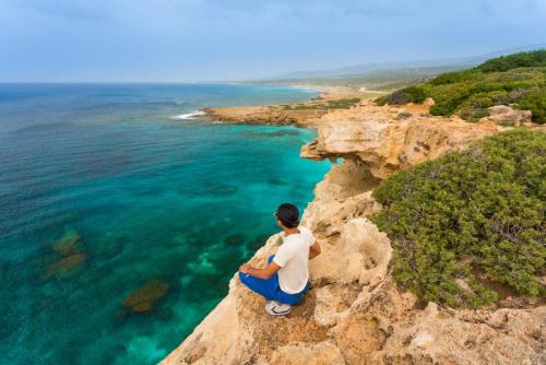 a woman sitting on a cliff looking at the ocean at Villa Tsikkos Ena in Argaka