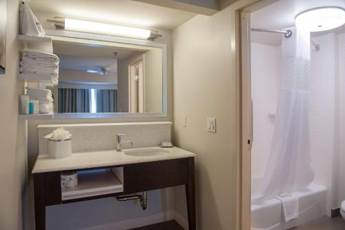 a bathroom with a sink and a mirror and a shower at Hampton Inn & Suites New Orleans/Elmwood in Harahan