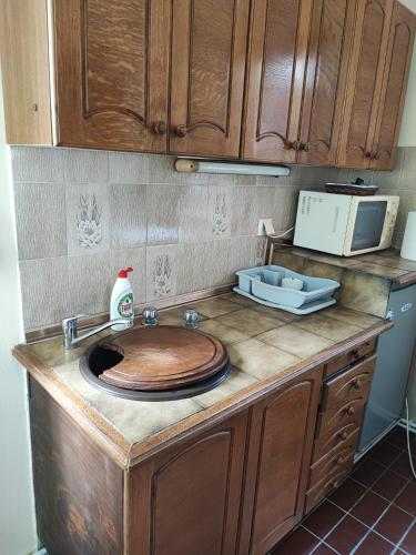 a kitchen counter with a sink with a wooden plate on it at Big Borak in Veliki Borak