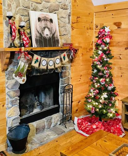 a living room with a fireplace and a christmas tree at Mountain Bliss in Townsend