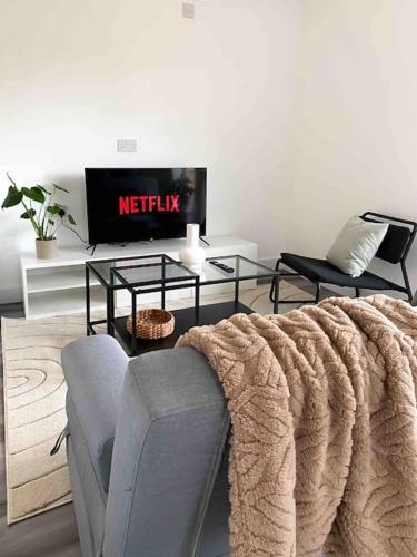 a living room with a couch and a tv at Modern flat near train station with free parking in Cambridge