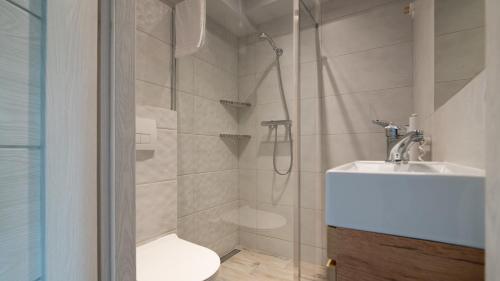 a bathroom with a shower and a toilet and a sink at Barbara 12 in Ustroń