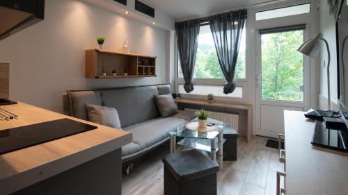 a living room with a couch and a table at Barbara 12 in Ustroń