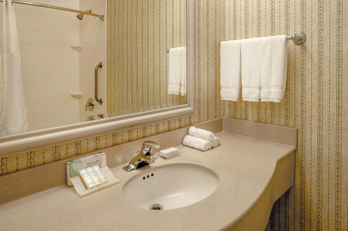 Hilton Garden Inn St. Louis/Chesterfield في تشيسترفيلد: حمام مع حوض ومرآة ومناشف