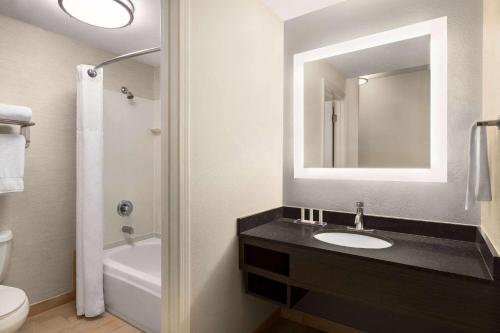 een badkamer met een wastafel, een spiegel en een bad bij Wingate by Wyndham Savannah I-95 North in Port Wentworth