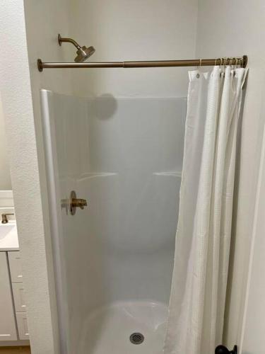 a bathroom with a shower with a shower curtain at Ranchette Apartment- beach access small lake view in Buchanan Dam