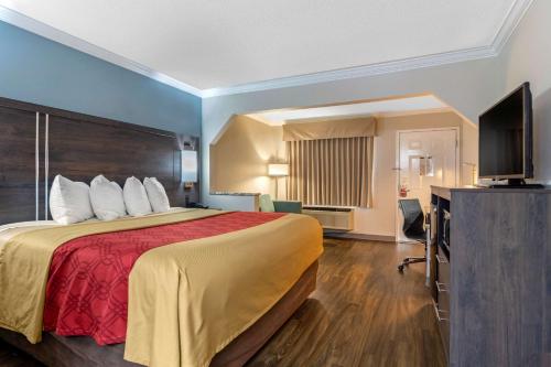 a hotel room with a bed and a flat screen tv at Econo Lodge Byron - Warner Robins in Byron