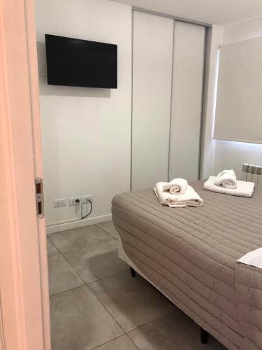 1 dormitorio con 1 cama y TV de pantalla plana en Eden Ush Dpto Centro en Ushuaia