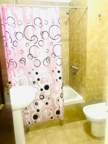 una tenda da doccia rosa in un bagno con lavandino di Anita depto Jujuy a San Salvador de Jujuy