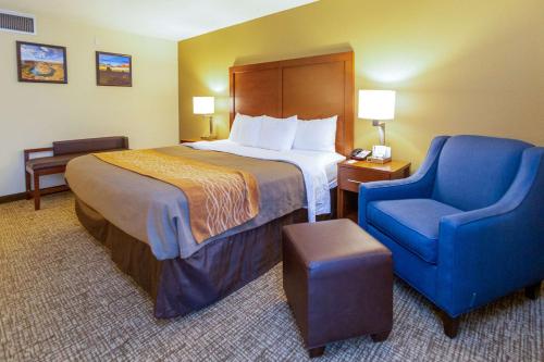 a hotel room with a bed and a blue chair at Comfort Inn Downtown in Salt Lake City