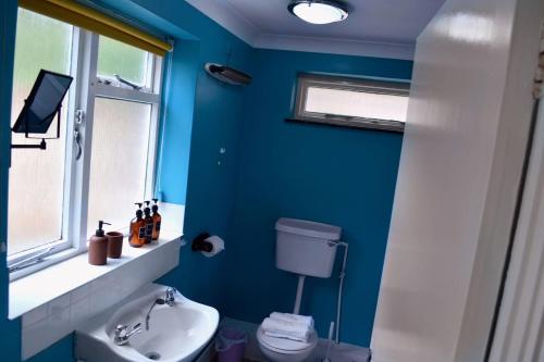 a blue bathroom with a toilet and a sink at Canterbury King bed house with Free Parking & Garden in Canterbury