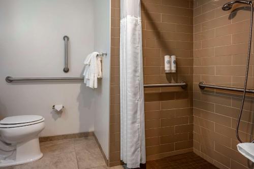 a bathroom with a toilet and a shower at Comfort Inn in Connellsville