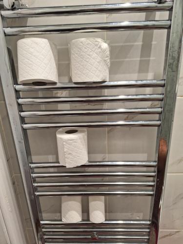 a refrigerator with three rolls of toilet paper in it at Double Room with shared bathroom in private self-contained flat you will share with one other person in family house 2 minutes walk from Tufnell Park tube station 15 minutes walk from Camden Town in London