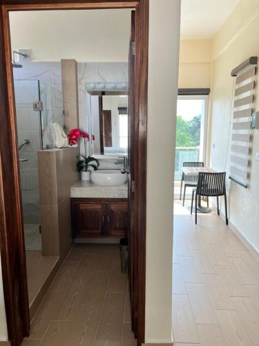 曼贊尼亞的住宿－Casa Boutique Maria Bonita，一间带水槽和镜子的浴室