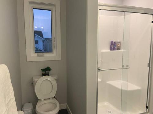 a bathroom with a toilet and a shower with a window at Luxurious 3 BR Villa with free parking - King Bed in Regina