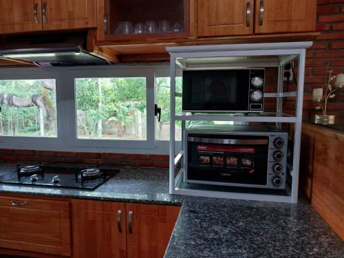 La cocina está equipada con microondas y horno microondas. en Family Garden House at Tri An Lake, Đồng Nai, en Ðồng Sài