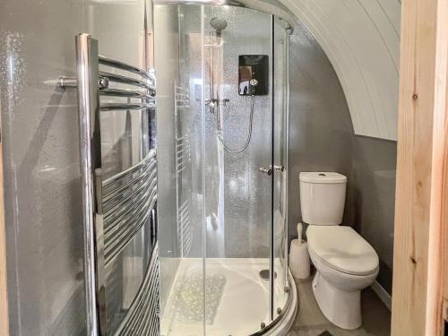 a bathroom with a shower and a toilet at Sea Dreams in Theddlethorpe Saint Helen