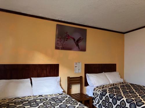 Cette chambre comprend 2 lits et une photo murale. dans l'établissement Hotel Santa Fe, à Chignahuapan