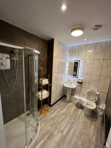 een badkamer met een douche, een toilet en een wastafel bij See the Sea Hideaway in The Mumbles