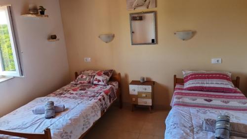 a bedroom with two beds and a mirror at Sobe Anja in Brtonigla