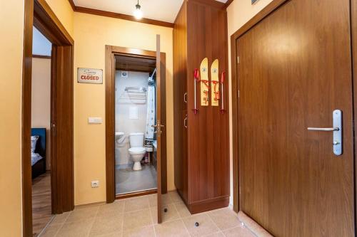 łazienka z toaletą i drewnianymi drzwiami w obiekcie Peaceful Bansko Hideout w mieście Bansko