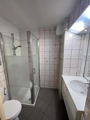 a bathroom with a shower and a toilet and a sink at Prinses Elisabeth in Koksijde
