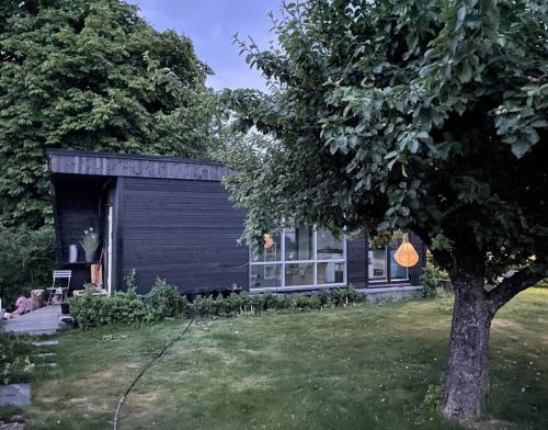 a small black house with a tree in the yard at Tjodalyng - ved Viksfjord - sokkelleilighet in Larvik