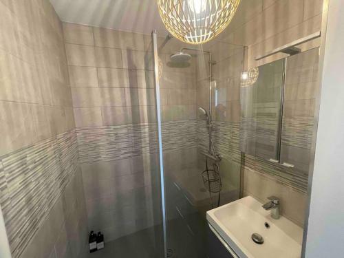 La salle de bains est pourvue d'une douche en verre et d'un lavabo. dans l'établissement T2 Neuf en plein cœur de Rennes au bord de la vilaine, à Rennes
