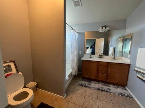 ein Badezimmer mit Toilette, Waschbecken und Dusche in der Unterkunft Lady T’s Serenity Getaway near TUS airport in Tucson