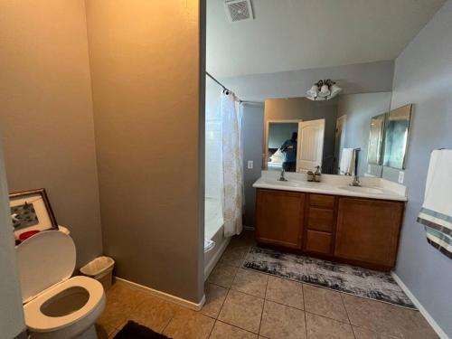 a bathroom with a toilet and a sink and a shower at Lady T’s Serenity Getaway near TUS airport in Tucson