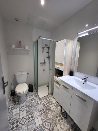 une salle de bain avec une douche, des toilettes et un lavabo dans l'établissement Le Patio - Appartement calme - Hyper centre Pau, à Pau
